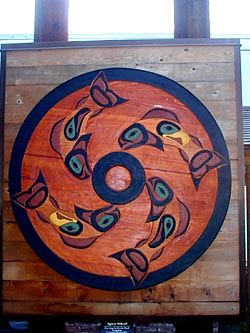 Wooden painted wall art of fish in a Native American spirit wheel titled 